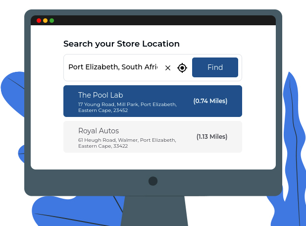 One type of store selection widget is a store address search bar that can be used to select a store.